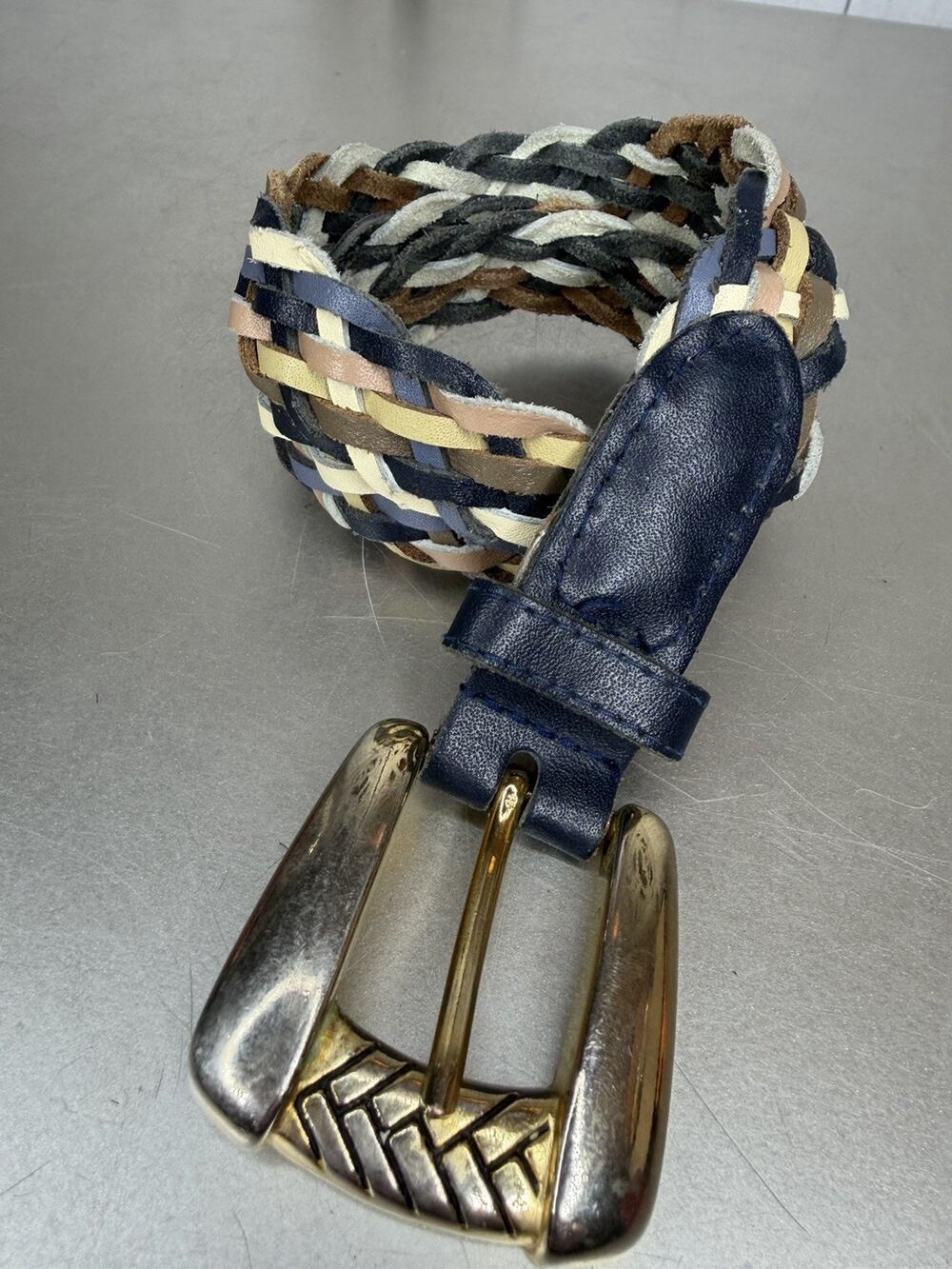 Vintage Chic 90s Y2K Braided Leather Belt Blue Taupe Multicolor Size Small